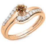 0.55 Carat (ctw) 18K Rose Gold Round Champagne & White Diamond Ladies Twisted Style Bridal Engagement Ring With Matching Band Set 1/2 CT