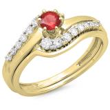0.55 Carat (ctw) 18K Yellow Gold Round Red Ruby & White Diamond Ladies Twisted Style Bridal Engagement Ring With Matching Band Set 1/2 CT