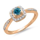 0.50 Carat (ctw) 18K Rose Gold Round Blue & White Diamond Ladies Halo Style Bridal Engagement Ring 1/2 CT