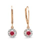 0.55 Carat (ctw) 10K Rose Gold Round Cut Red Ruby & White Diamond Ladies Cluster Halo Style Drop Earrings 1/2 CT