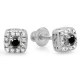 0.25 Carat (ctw) 10K White Gold Round Cut Black & White Diamond Ladies Square Frame Halo Stud Earrings 1/4 CT