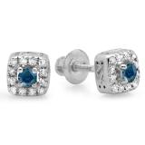 0.25 Carat (ctw) 10K White Gold Round Cut Blue & White Diamond Ladies Square Frame Halo Stud Earrings 1/4 CT