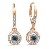 0.50 Carat (ctw) 14K Rose Gold Round Cut Blue & White Diamond Ladies Cluster Halo Style Dangling Drop Earrings 1/2 CT