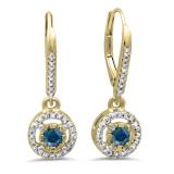 0.50 Carat (ctw) 14K Yellow Gold Round Cut Blue & White Diamond Ladies Cluster Halo Style Dangling Drop Earrings 1/2 CT