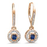0.50 Carat (ctw) 14K Rose Gold Round Cut Blue Sapphire & White Diamond Ladies Cluster Halo Style Dangling Drop Earrings 1/2 CT