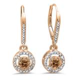 0.50 Carat (ctw) 14K Rose Gold Round Cut Champagne & White Diamond Ladies Cluster Halo Style Dangling Drop Earrings 1/2 CT
