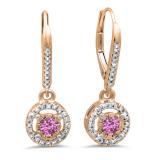 0.50 Carat (ctw) 14K Rose Gold Round Cut Pink Sapphire & White Diamond Ladies Cluster Halo Style Dangling Drop Earrings 1/2 CT