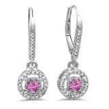 0.50 Carat (ctw) 14K White Gold Round Cut Pink Sapphire & White Diamond Ladies Cluster Halo Style Dangling Drop Earrings 1/2 CT