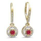 0.50 Carat (ctw) 14K Yellow Gold Round Cut Red Ruby & White Diamond Ladies Cluster Halo Style Dangling Drop Earrings 1/2 CT
