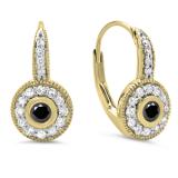 0.45 Carat (ctw) 18K Yellow Gold Round Cut Black & White Diamond Ladies Cluster Halo Style Milgrain Drop Earrings 1/2 CT