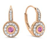 0.45 Carat (ctw) 10K Rose Gold Round Cut Pink Sapphire & White Diamond Ladies Cluster Halo Style Milgrain Drop Earrings 1/2 CT