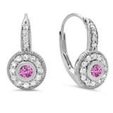 0.45 Carat (ctw) 10K White Gold Round Cut Pink Sapphire & White Diamond Ladies Cluster Halo Style Milgrain Drop Earrings 1/2 CT