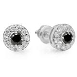 0.50 Carat (ctw) 14K White Gold Real Round Cut Black & White Diamond Ladies Cluster Stud Earrings 1/2 CT