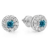 0.50 Carat (ctw) 14K White Gold Real Round Cut Blue & White Diamond Ladies Cluster Stud Earrings 1/2 CT