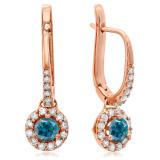 0.45 Carat (ctw) 18K Rose Gold Round Blue & White Diamond Ladies Halo Style Dangling Drop Earrings 1/2 CT