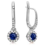 0.45 Carat (ctw) 10K White Gold Round Blue Sapphire & White Diamond Ladies Halo Style Dangling Drop Earrings 1/2 CT