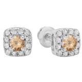 0.50 Carat (ctw) 14K White Gold Round Cut Champagne & White Diamond Ladies Square Frame Halo Stud Earrings 1/2 CT
