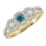 0.50 Carat (ctw) 18K Yellow Gold Round Blue & White Diamond Ladies 3 Stone Split Shank Engagement Bridal Ring 1/2 CT