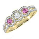 0.50 Carat (ctw) 18K Yellow Gold Round Pink Sapphire & White Diamond Ladies 3 Stone Split Shank Engagement Bridal Ring 1/2 CT