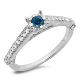 0.40 Carat (ctw) 10K White Gold Round Cut Blue & White Diamond Ladies Bridal Solitaire With Accents Engagement Ring