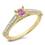 0.40 Carat (ctw) 10K Yellow Gold Round Cut Pink Sapphire & White Diamond Ladies Bridal Solitaire With Accents Engagement Ring