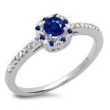 0.45 Carat (ctw) 10K White Gold Round Cut Blue Sapphire & White Diamond Ladies Halo Style Bridal Engagement Ring 1/2 CT