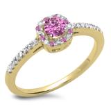 0.45 Carat (ctw) 18K Yellow Gold Round Cut Pink Sapphire & White Diamond Ladies Halo Style Bridal Engagement Ring 1/2 CT