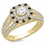 1.10 Carat (ctw) 10K Yellow Gold Round Cut Black & White Diamond Ladies Split Shank Vintage Style Bridal Halo Engagement Ring 1 CT