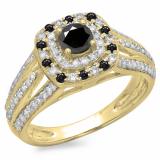 1.10 Carat (ctw) 10K Yellow Gold Round Cut Black & White Diamond Ladies Split Shank Vintage Style Bridal Halo Engagement Ring 1 CT