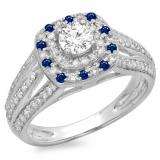 1.10 Carat (ctw) 14K White Gold Round Cut Blue Sapphire & White Diamond Ladies Split Shank Vintage Style Bridal Halo Engagement Ring 1 CT
