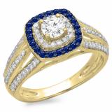 1.10 Carat (ctw) 10K Yellow Gold Round Cut Blue Sapphire & White Diamond Ladies Split Shank Vintage Style Bridal Halo Engagement Ring 1 CT