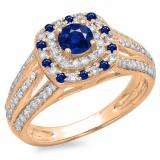1.10 Carat (ctw) 10K Rose Gold Round Cut Blue Sapphire & White Diamond Ladies Split Shank Vintage Style Bridal Halo Engagement Ring 1 CT