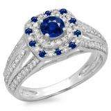 1.10 Carat (ctw) 10K White Gold Round Cut Blue Sapphire & White Diamond Ladies Split Shank Vintage Style Bridal Halo Engagement Ring 1 CT