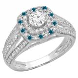 1.10 Carat (ctw) 10K White Gold Round Cut Blue & White Diamond Ladies Split Shank Vintage Style Bridal Halo Engagement Ring 1 CT