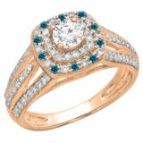 1.10 Carat (ctw) 18K Rose Gold Round Cut Blue & White Diamond Ladies Split Shank Vintage Style Bridal Halo Engagement Ring 1 CT