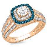 1.10 Carat (ctw) 18K Rose Gold Round Cut Blue & White Diamond Ladies Split Shank Vintage Style Bridal Halo Engagement Ring 1 CT