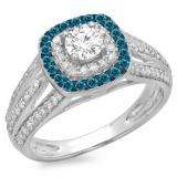 1.10 Carat (ctw) 18K White Gold Round Cut Blue & White Diamond Ladies Split Shank Vintage Style Bridal Halo Engagement Ring 1 CT