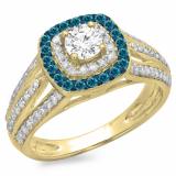 1.10 Carat (ctw) 18K Yellow Gold Round Cut Blue & White Diamond Ladies Split Shank Vintage Style Bridal Halo Engagement Ring 1 CT