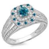 1.10 Carat (ctw) 18K White Gold Round Cut Blue & White Diamond Ladies Split Shank Vintage Style Bridal Halo Engagement Ring 1 CT