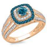 1.10 Carat (ctw) 14K Rose Gold Round Cut Blue & White Diamond Ladies Split Shank Vintage Style Bridal Halo Engagement Ring 1 CT