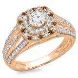 1.10 Carat (ctw) 14K Rose Gold Round Cut Champagne & White Diamond Ladies Split Shank Vintage Style Bridal Halo Engagement Ring 1 CT