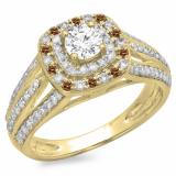 1.10 Carat (ctw) 18K Yellow Gold Round Cut Champagne & White Diamond Ladies Split Shank Vintage Style Bridal Halo Engagement Ring 1 CT