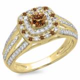 1.10 Carat (ctw) 10K Yellow Gold Round Cut Champagne & White Diamond Ladies Split Shank Vintage Style Bridal Halo Engagement Ring 1 CT