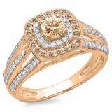 1.10 Carat (ctw) 10K Rose Gold Round Cut Champagne & White Diamond Ladies Split Shank Vintage Style Bridal Halo Engagement Ring 1 CT