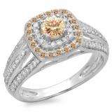 1.10 Carat (ctw) 10K White Gold Round Cut Champagne & White Diamond Ladies Split Shank Vintage Style Bridal Halo Engagement Ring 1 CT