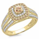 1.10 Carat (ctw) 18K Yellow Gold Round Cut Champagne & White Diamond Ladies Split Shank Vintage Style Bridal Halo Engagement Ring 1 CT