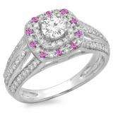 1.10 Carat (ctw) 18K White Gold Round Cut Pink Sapphire & White Diamond Ladies Split Shank Vintage Style Bridal Halo Engagement Ring 1 CT