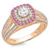 1.10 Carat (ctw) 10K Rose Gold Round Cut Pink Sapphire & White Diamond Ladies Split Shank Vintage Style Bridal Halo Engagement Ring 1 CT