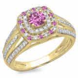1.10 Carat (ctw) 10K Yellow Gold Round Cut Pink Sapphire & White Diamond Ladies Split Shank Vintage Style Bridal Halo Engagement Ring 1 CT