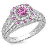 1.10 Carat (ctw) 18K White Gold Round Cut Pink Sapphire & White Diamond Ladies Split Shank Vintage Style Bridal Halo Engagement Ring 1 CT